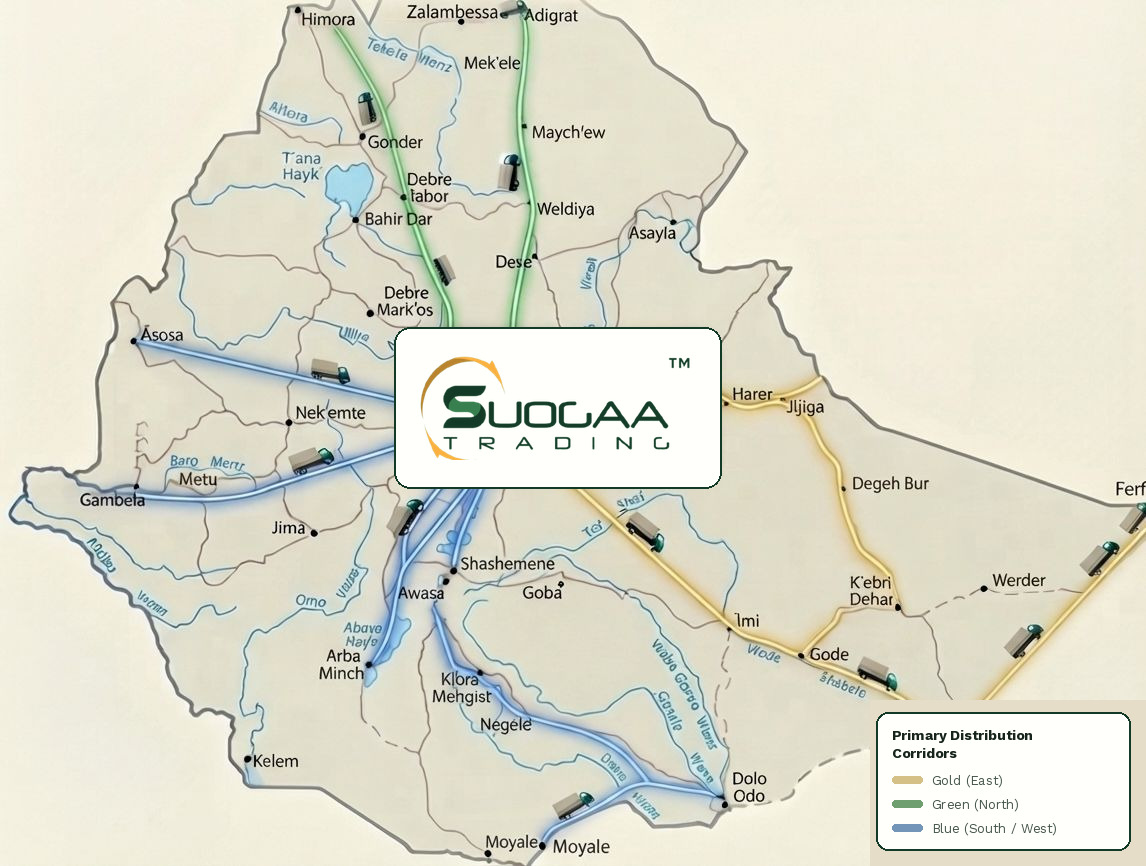 Distribution corridor map of Ethiopia: Suogaa Trading's Addis Ababa hub feeding a gold corridor east through Harer and Gode, a green corridor north through Gonder and Adigrat, and blue corridors south and west through Gambela, Awasa and Moyale.